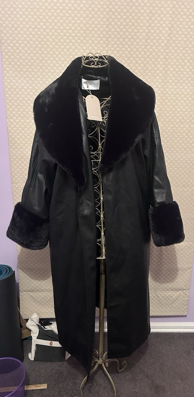 Meshki Rebekah Oversized PU Trench Coat Faux Fur Black S BNWT Glam Winter