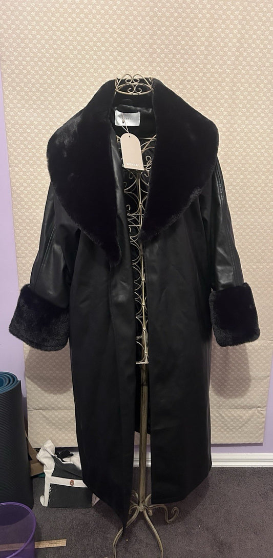 Meshki Rebekah Oversized PU Trench Coat Faux Fur Black S BNWT Glam Winter