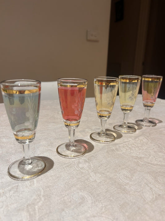 Vintage Coloured Liqueur Cordial Glasses Set of 6 Gold Rim Etched Retro