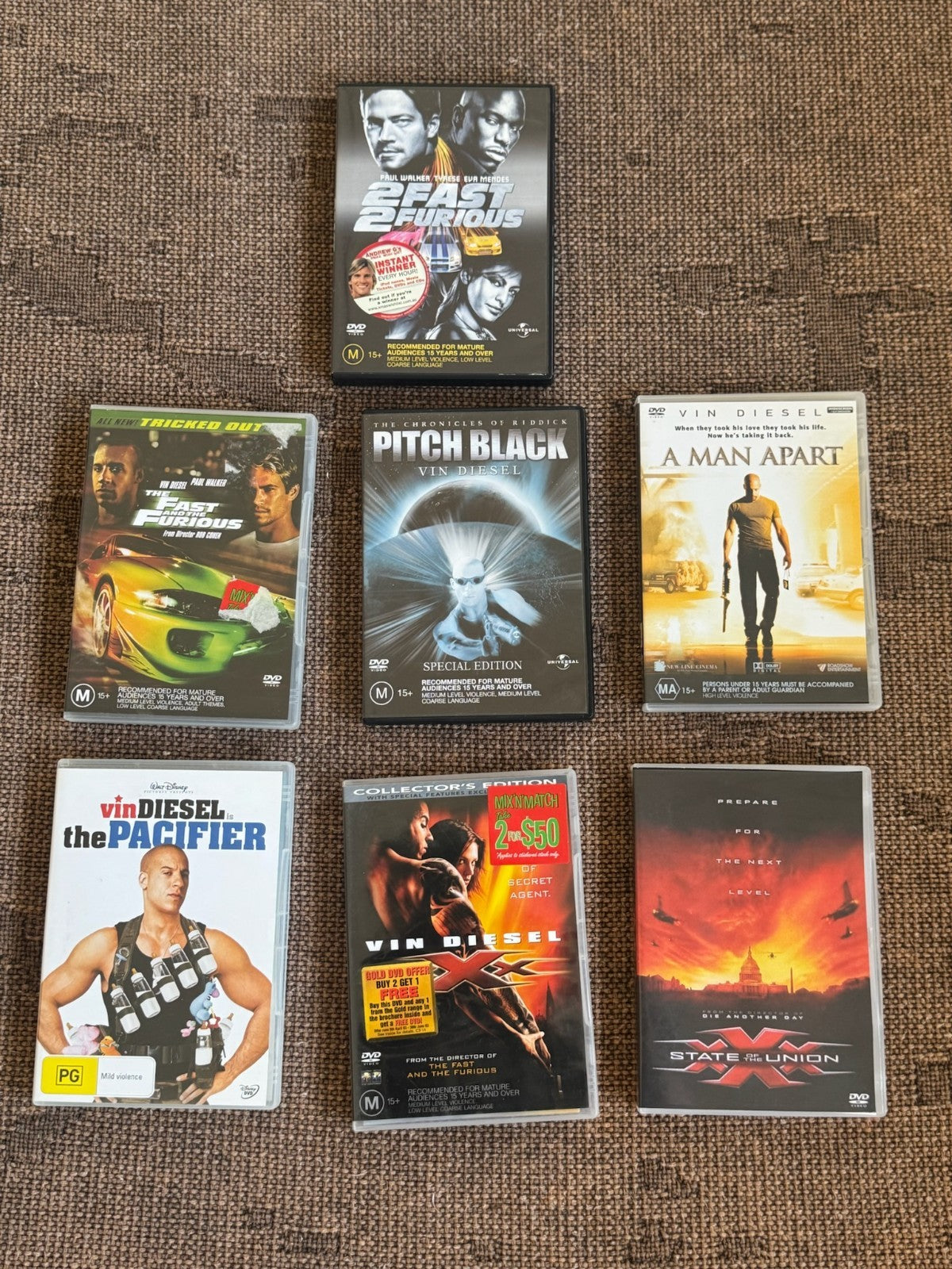 Vin Diesel DVD Bundle | Fast Furious, xXx, Pitch Black, Pacifier | 7 Movie Set