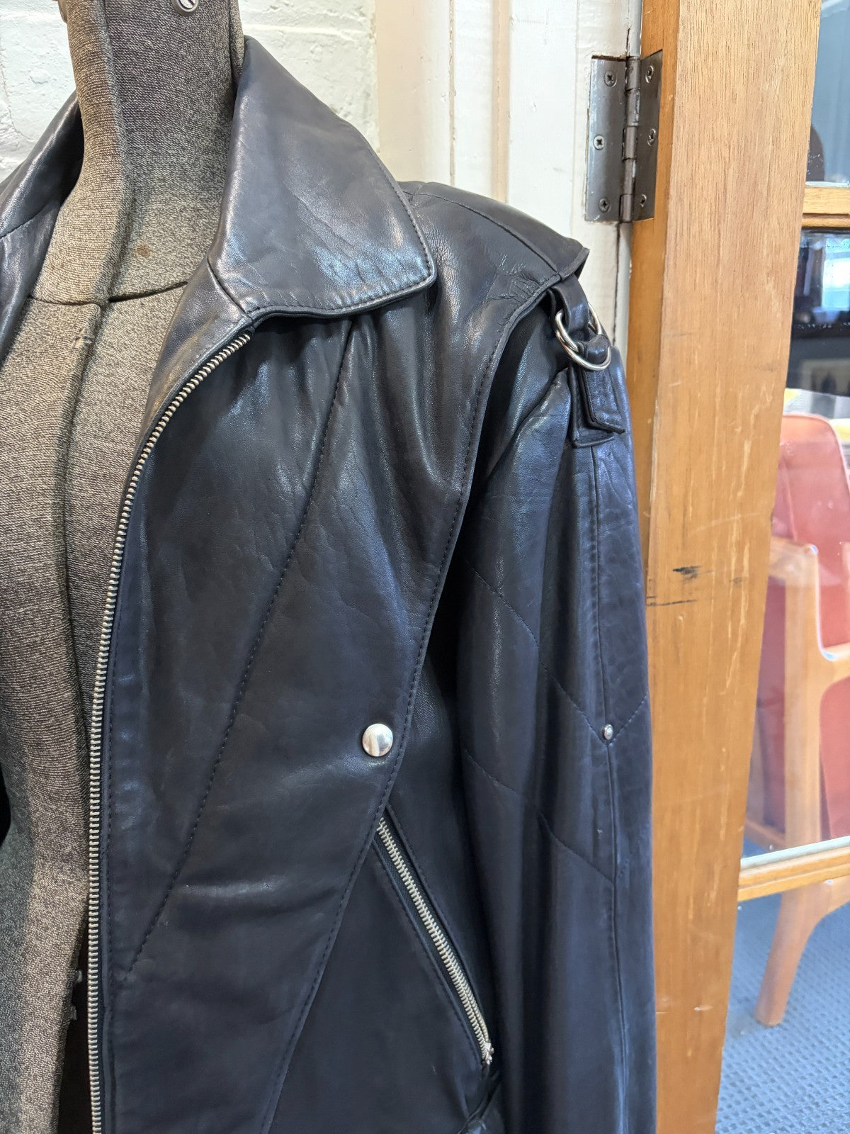 Vintage Black Leather Biker Jacket Belted YKK Zip Quilted 80s 90s
