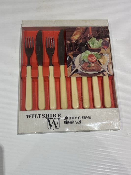 Vintage Wiltshire Stainless Steel Steak Set 4 Pairs Knives Forks Boxed 1960s
