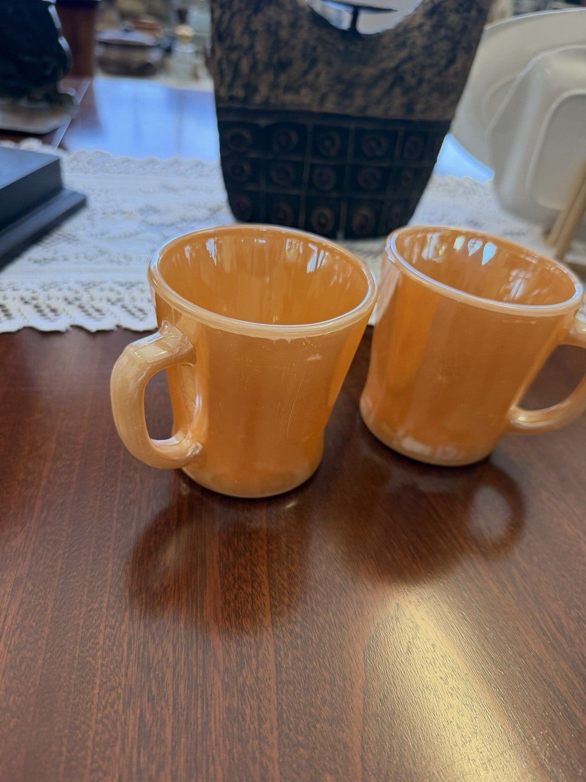 Vintage Fire-King Peach Lustre D-Handle Mugs x2 Anchor Hocking USA Milk Glass