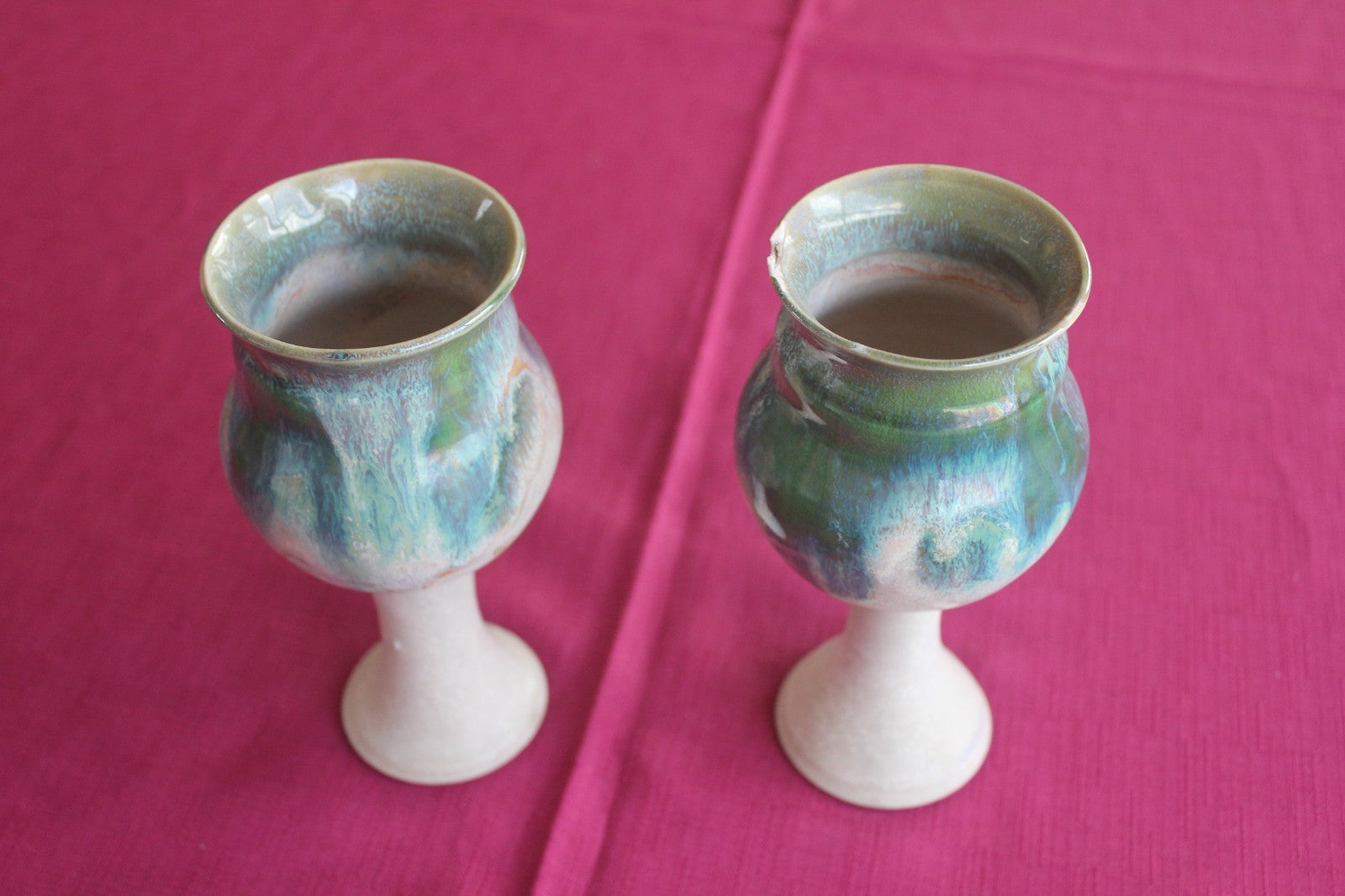 Vintage Studio Pottery Goblets Pair Blue Green Drip Glaze Hand Thrown