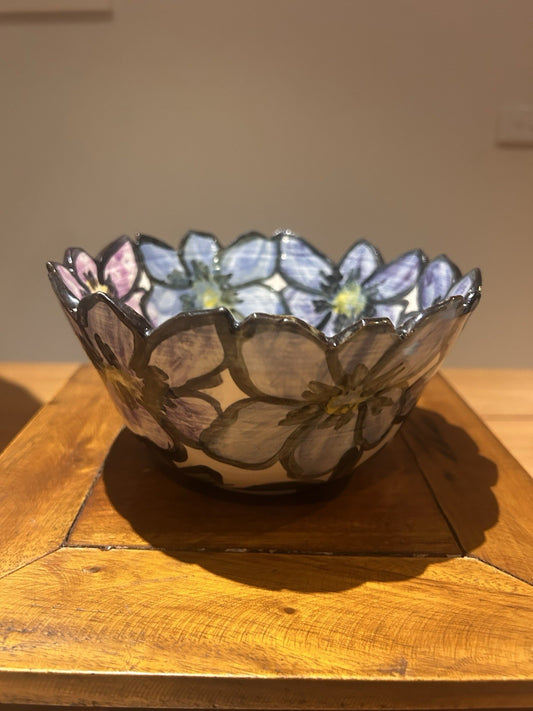 Peggy Callahan Studio Pottery Large Bowl Floral Scalloped Signed 17cm