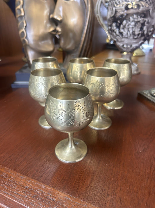 Vintage Etched Brass Goblets Set of 6 Indian Style Wine Cups Boho Decor