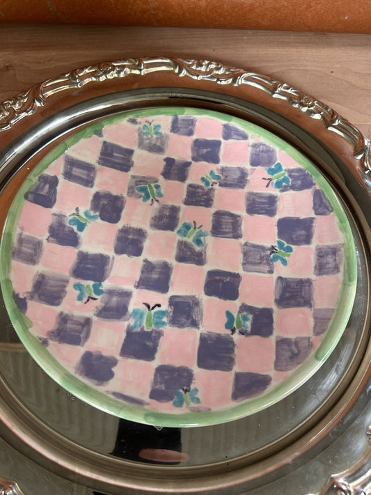 Bendigo Pottery Hand Painted Plates x2 Signed 75 – Pink Check Floral - 22cm