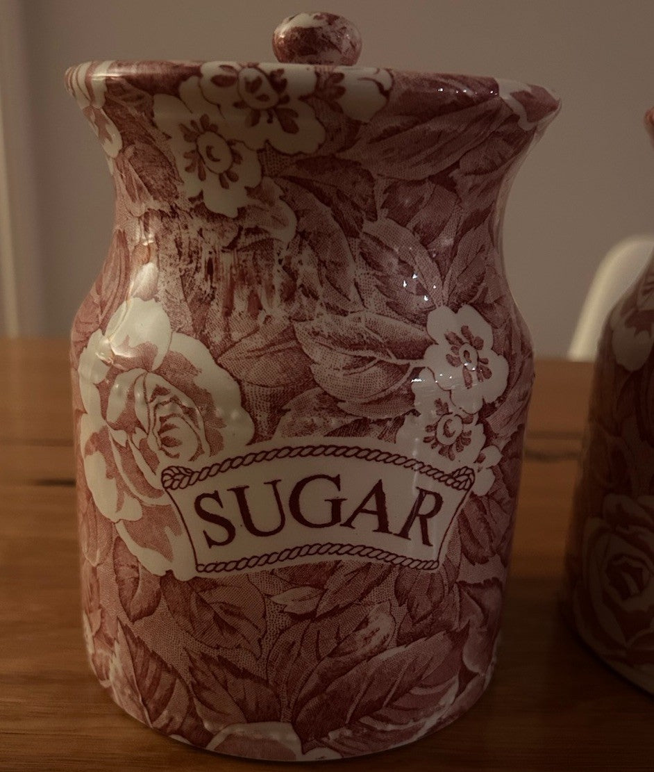 Vintage Burleigh Victoria China Tea Coffee Sugar Canisters Red Floral Set