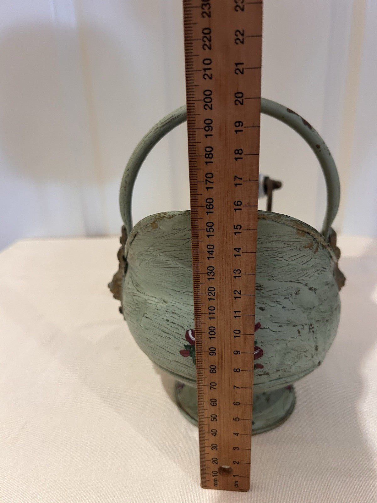 Vintage Hand-Painted Toleware Teapot & Coal Scuttle Set – Green Floral Metal