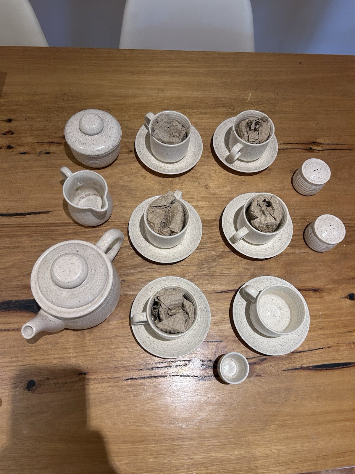 Vintage 1970s Churchill Homespun Stonecast Tea Set 9 Cups Teapot Creamer Sugar