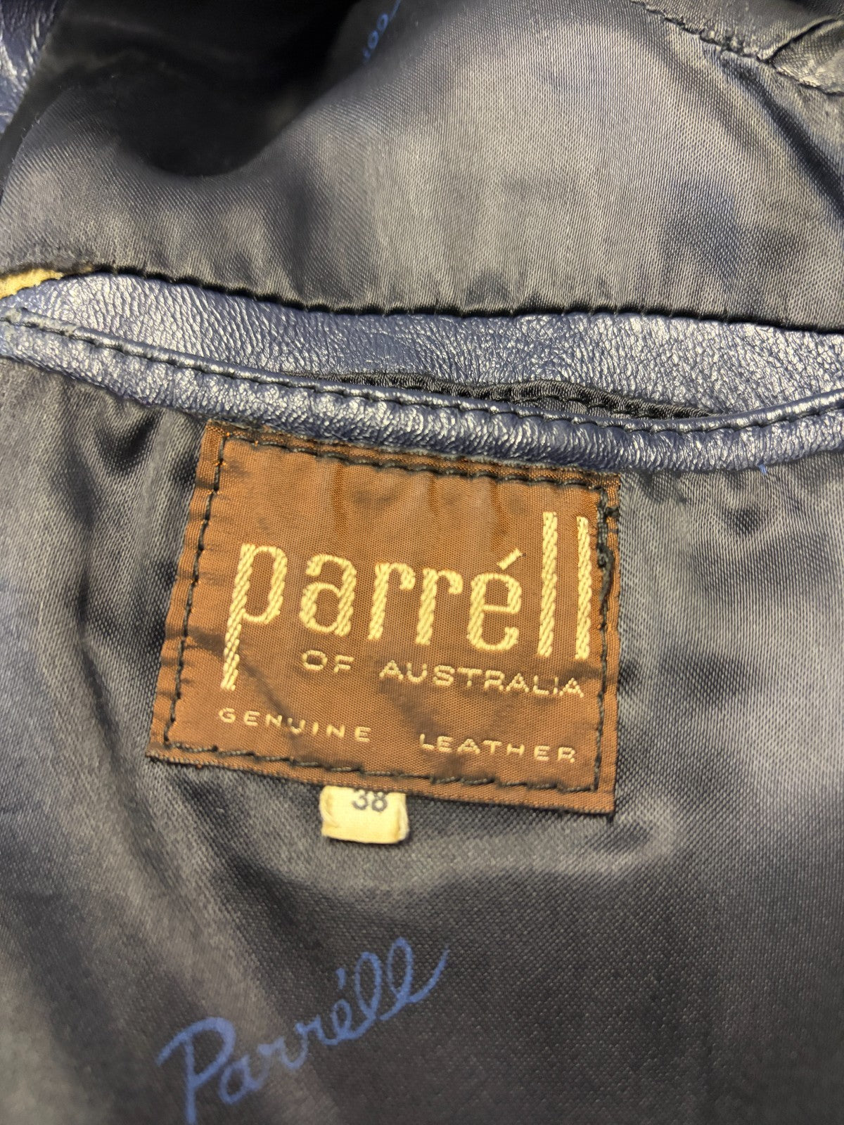 Vintage Parréll Australia Navy Blue Genuine Leather Blazer Jacket Size 38