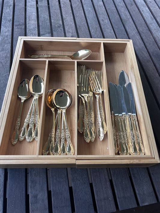 Vintage Gold Stainless Steel 49pc Cutlery Set Japan Ornate Floral Pattern