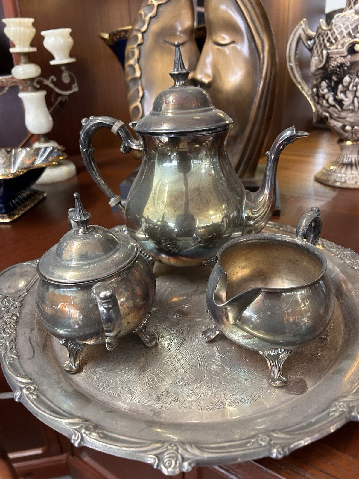 Rodd Silverplate Tea Set w Grosvenor Tray Teapot Sugar Creamer Vintage 