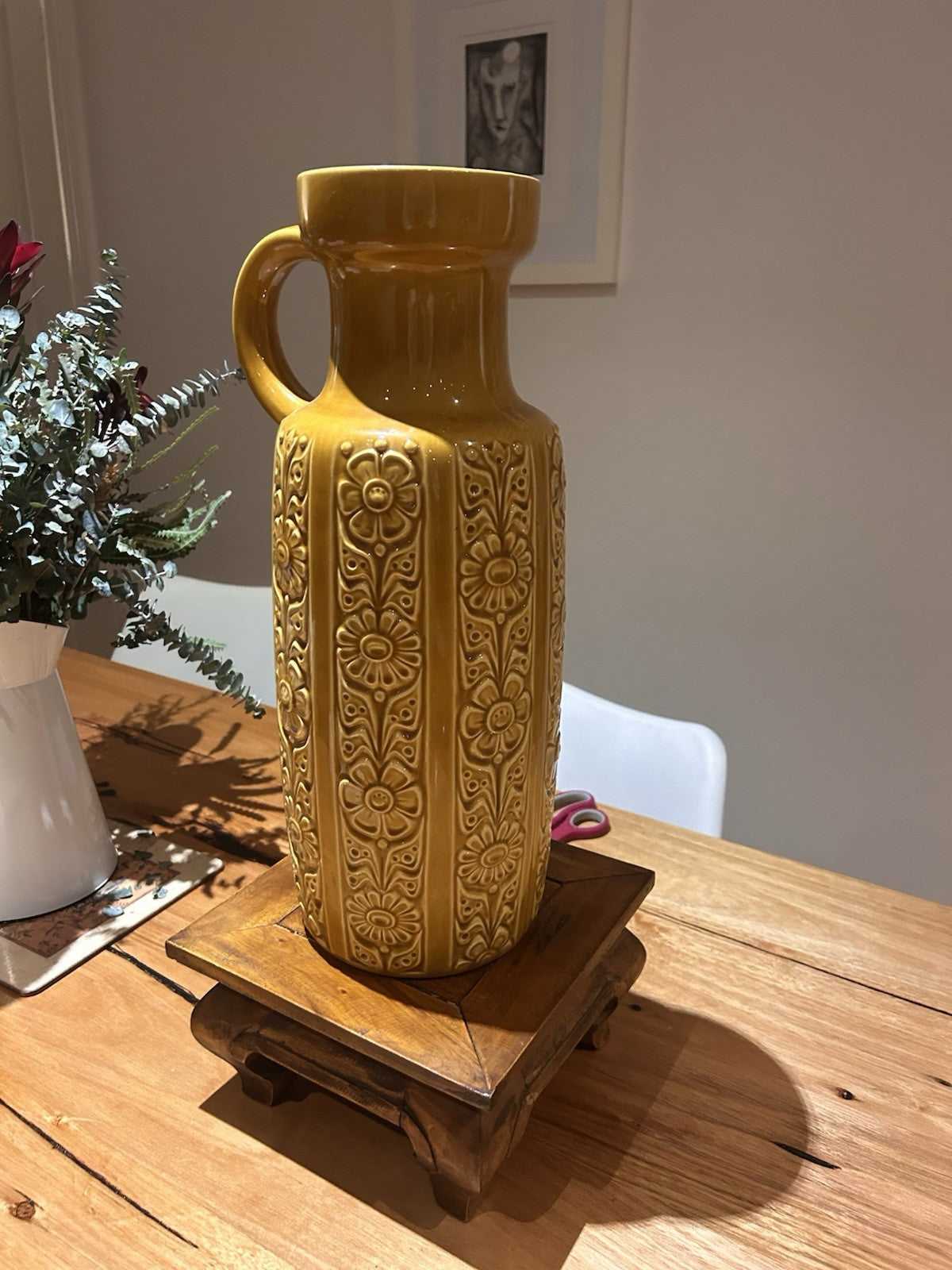 Large 1970s West German Pottery Jug 480-46 Mustard Relief Fat Lava Statement
