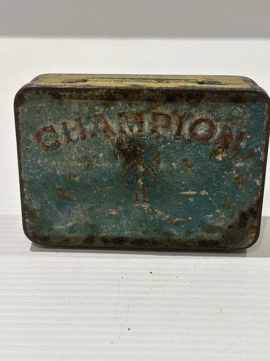 Vintage Champion Tobacco Tin Blue Gold Hinged Lid 4oz Rusty Patina Australiana