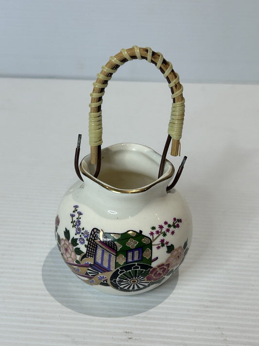 Mini Japanese Ceramic Basket Vase w/ Handle Floral Cart Motif Made in Japan