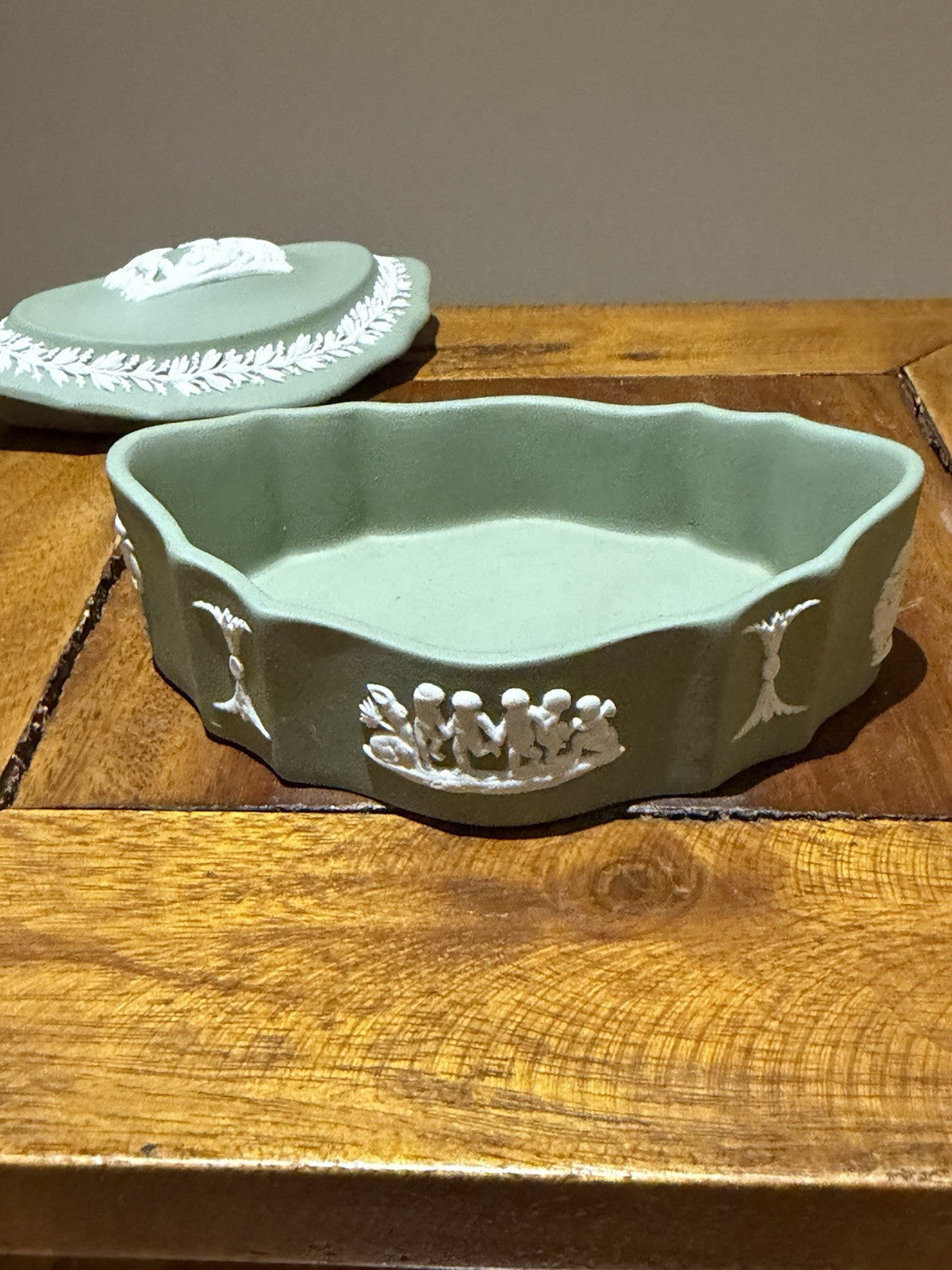 Wedgwood Jasperware Trinket Box Green Jasper Lidded Dish England