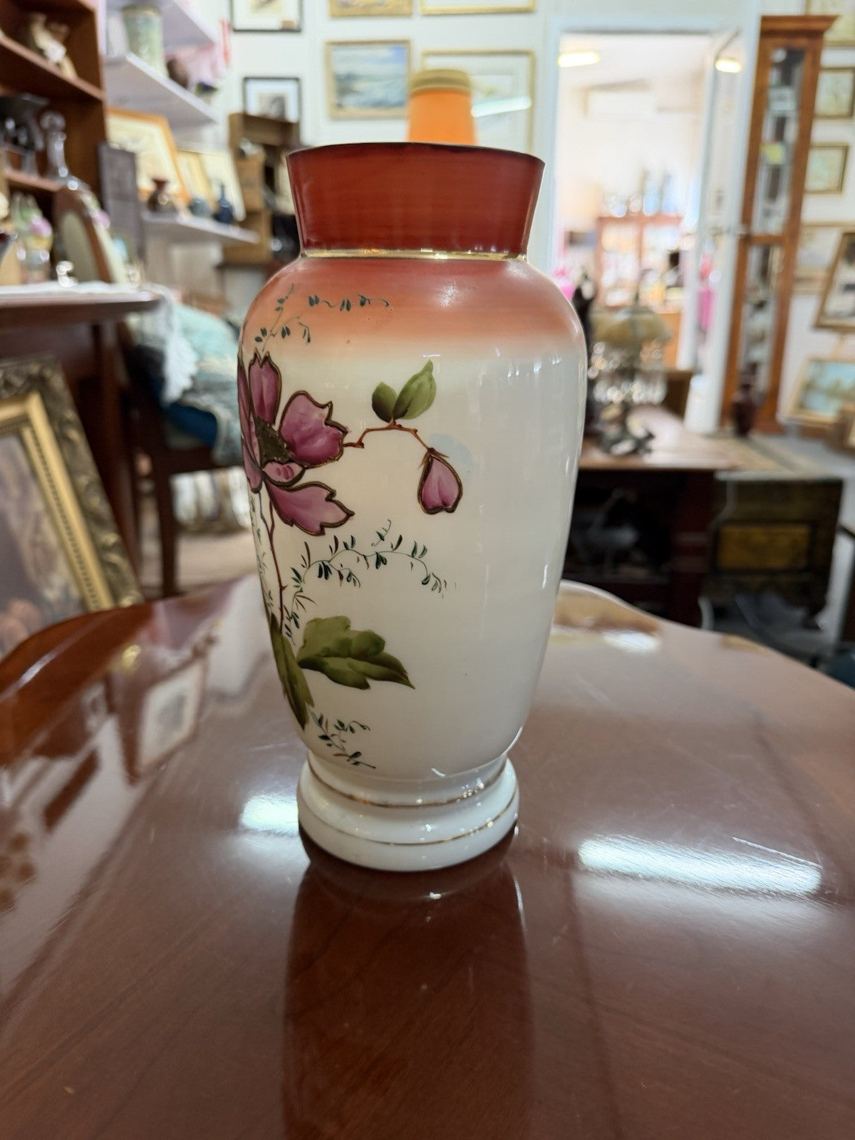 Antique Hand Painted Satin Glass Vase Cranberry Rim Floral Art Glass 25cm