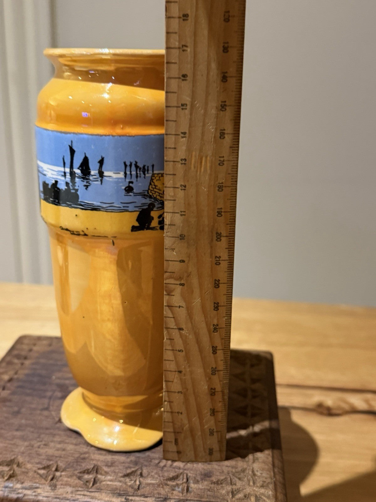 Antique Lancaster & Sons Hanley Footed Orange Lusterware Vase Seaside Fishermen