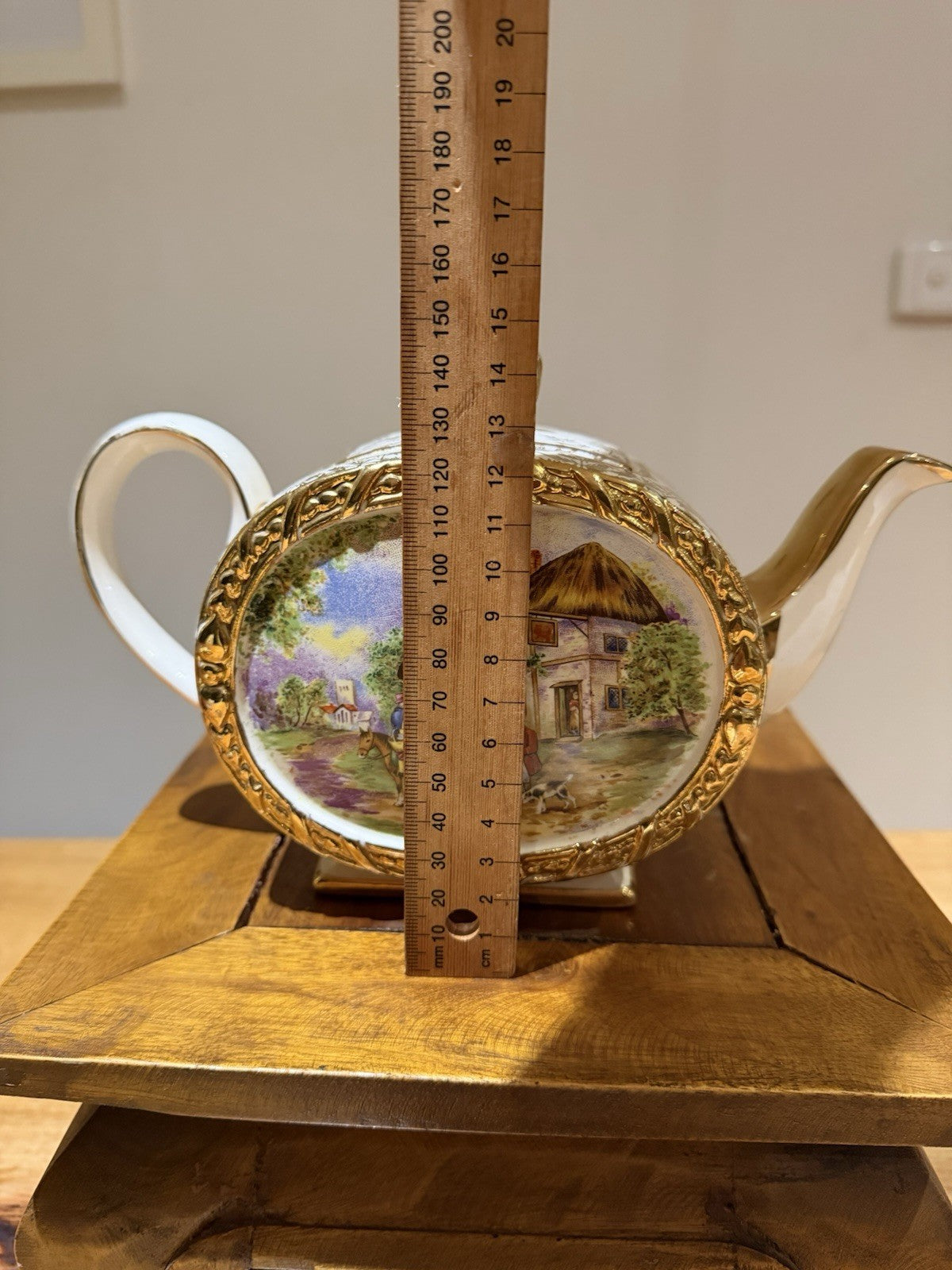 Vintage Teapot Sadler Style Cottage Scene Gold Gilt Transferware England