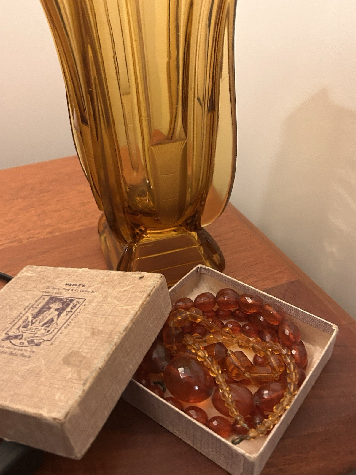 Vintage Amber Glass Necklace Set x3 w Merle’s Melbourne Jewellery Box c1950