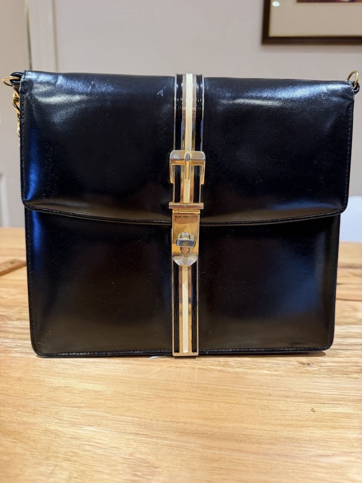 Vintage 1960s Cartner London Melbourne Handmade Black Hide Handbag Gold Chain