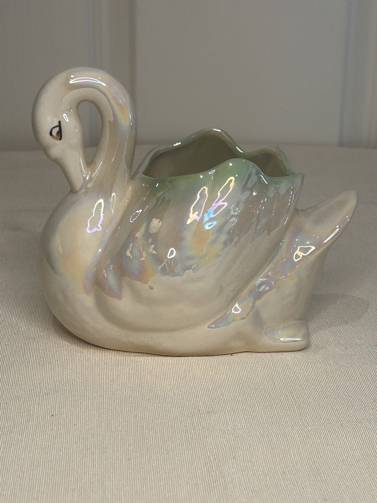 Vintage Iridescent Swan Planter Vase 1950s Ceramic Lustre Glaze 14cm High