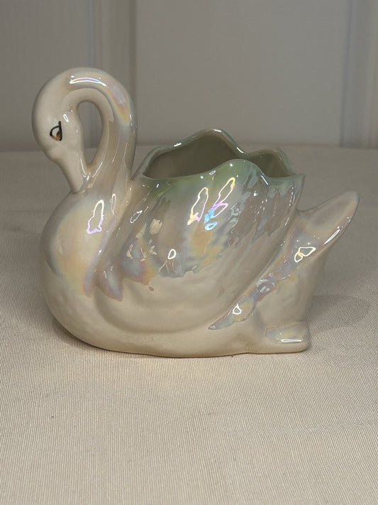 Vintage Iridescent Swan Planter Vase 1950s Ceramic Lustre Glaze 14cm High