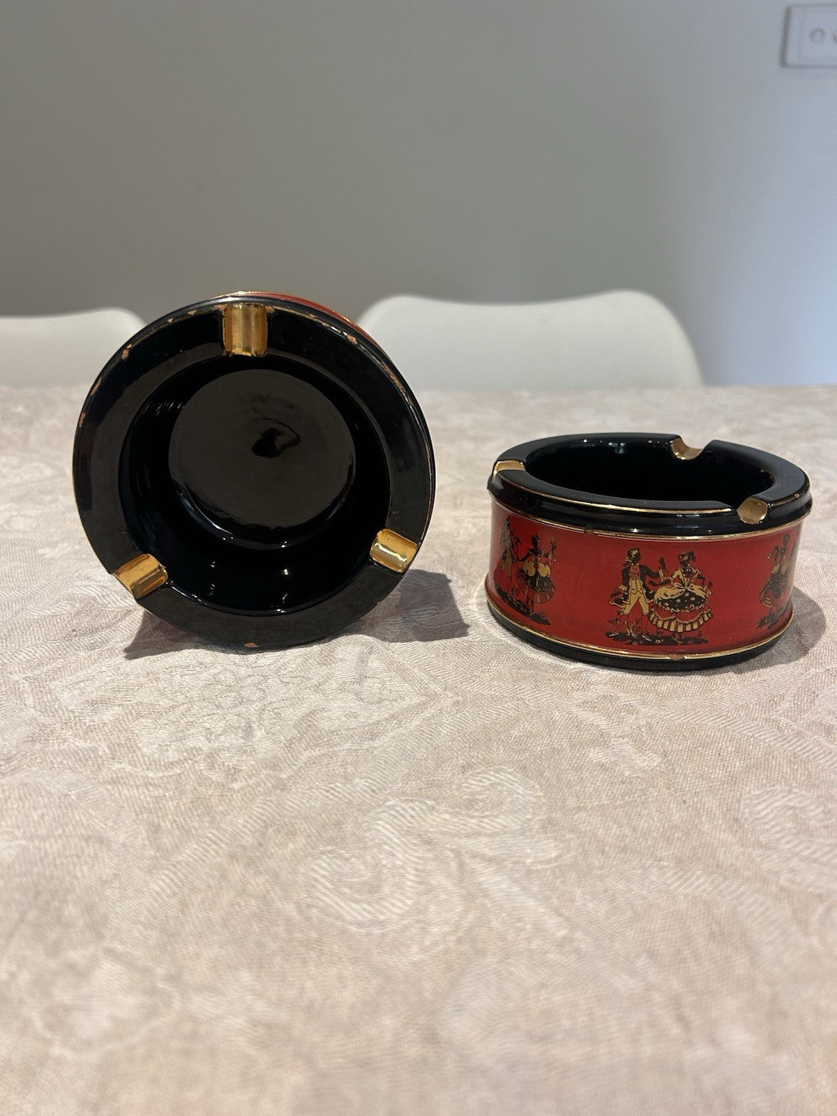Vintage Italian Ceramiche Fiorentine Ashtrays Pair Red Black Gold c1950s 