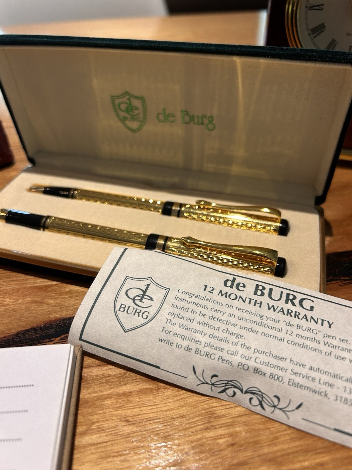 Vintage de Burg Gold Tone Ballpoint Pen Set Boxed With Warranty Card