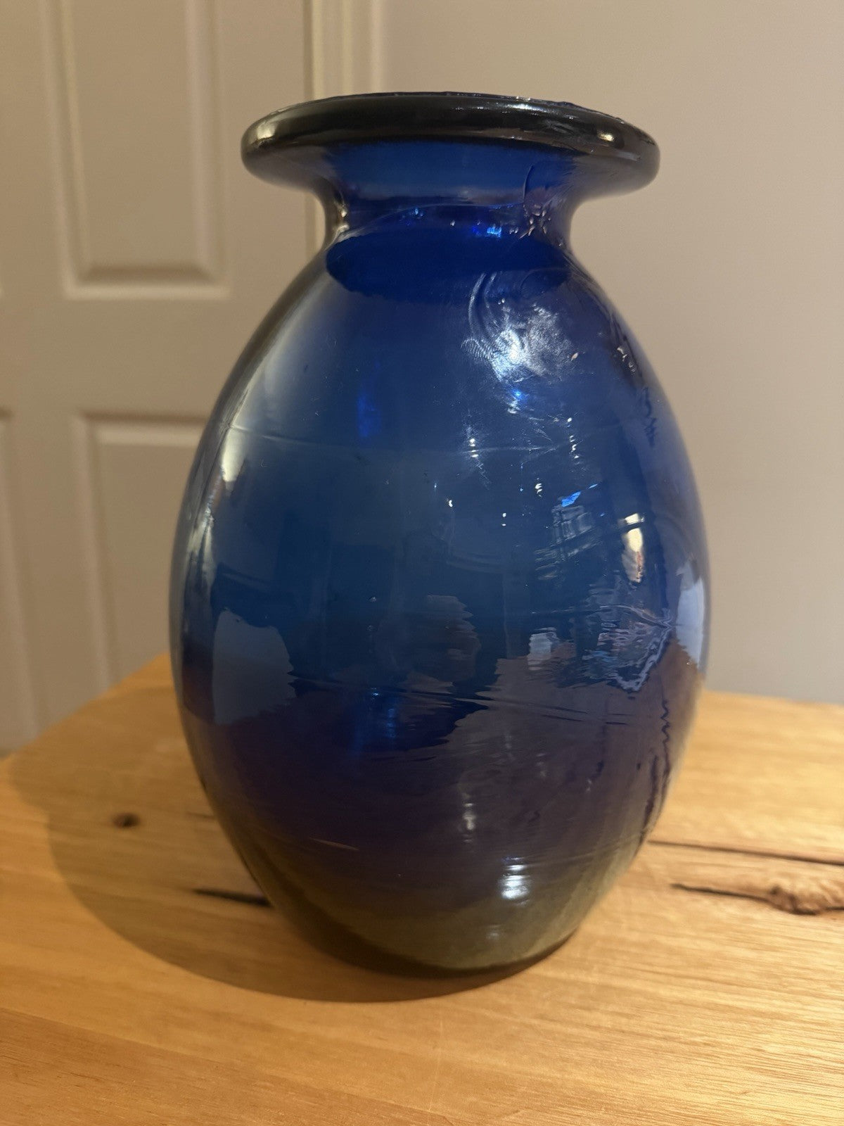 Vintage Cobalt Blue Hand Blown Art Glass Vase Heavy 2.54kg 25cm Rolled Rim