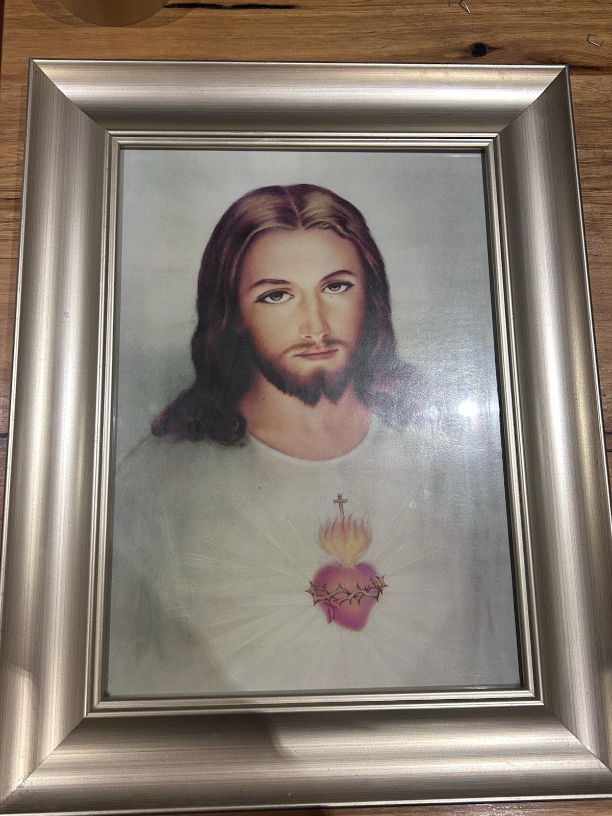 Vintage Sacred Heart of Jesus Framed Print – 1960s Devotional Art 55x43cm