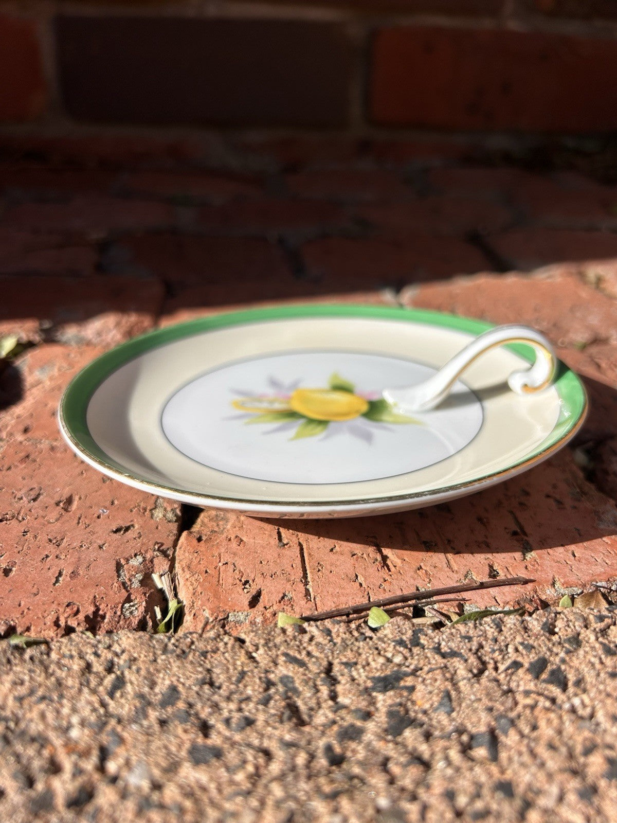 Vintage Noritake Japan Lemon Motif Handled Dish Green Trim Porcelain