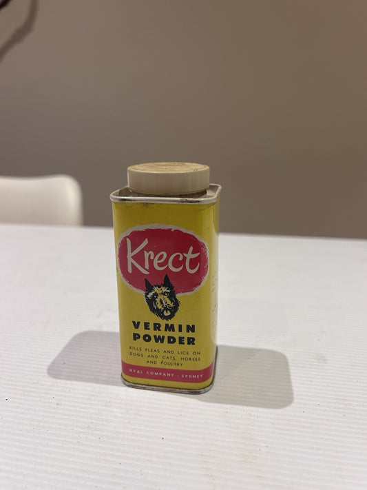 Vintage Krect Vermin Powder Tin – Nyal Sydney – Dog Graphic – c1950s