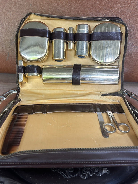 Vintage Gentleman’s Travel Grooming Set 1950s Brown Leather Shaving Kit