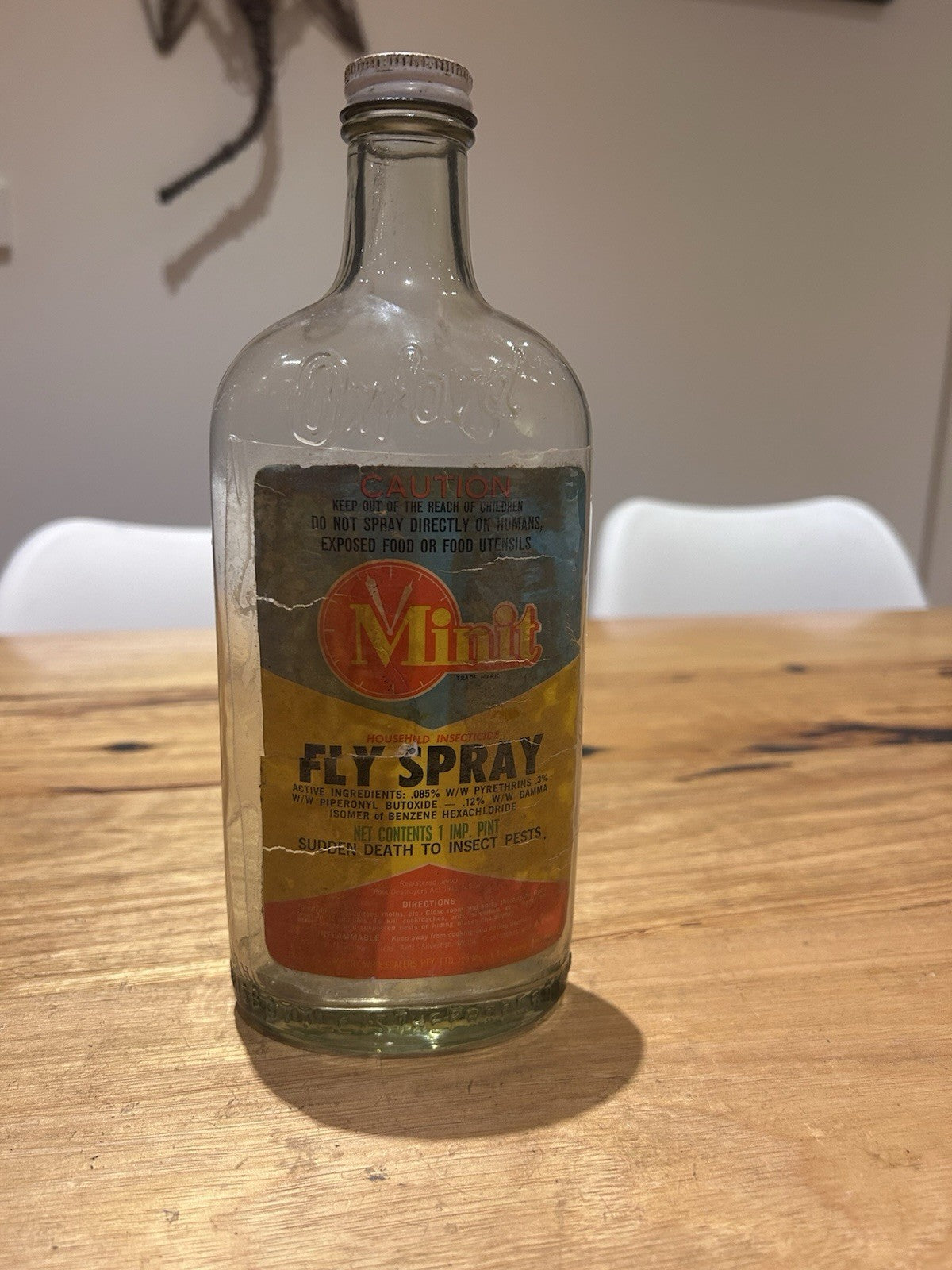 Vintage Minit Fly Spray Bottle Oxford Embossed 1 Imp Pint Insecticide c1950s