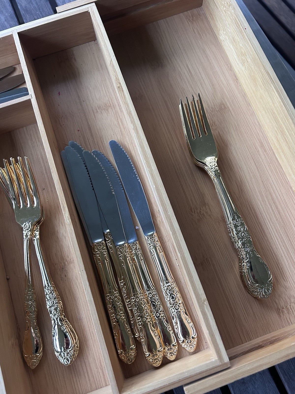 Vintage Gold Stainless Steel 49pc Cutlery Set Japan Ornate Floral Pattern