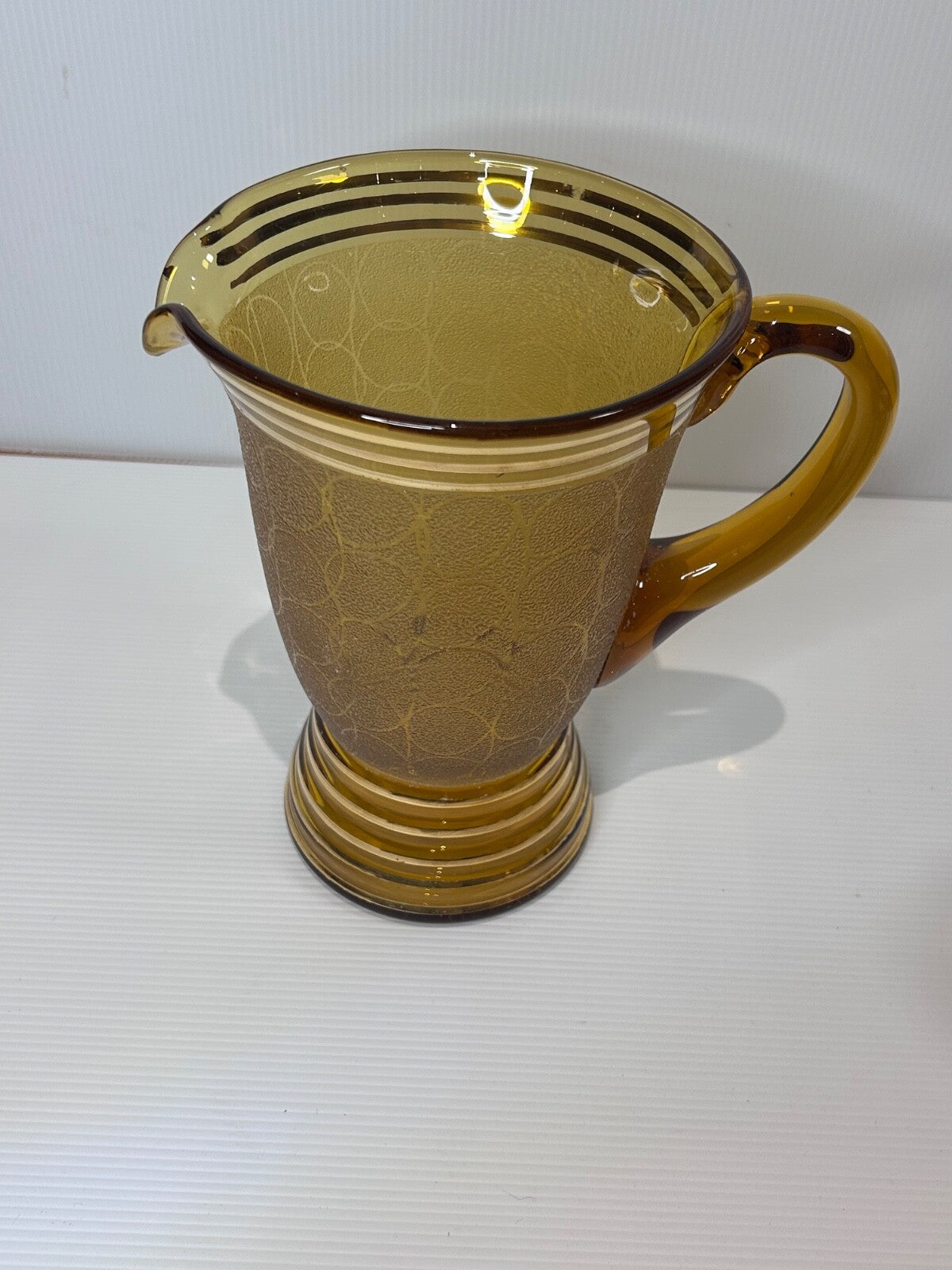 Vintage Amber Glass Lemonade Set – Textured Gold Bands – Jug & 5 Tumblers Retro
