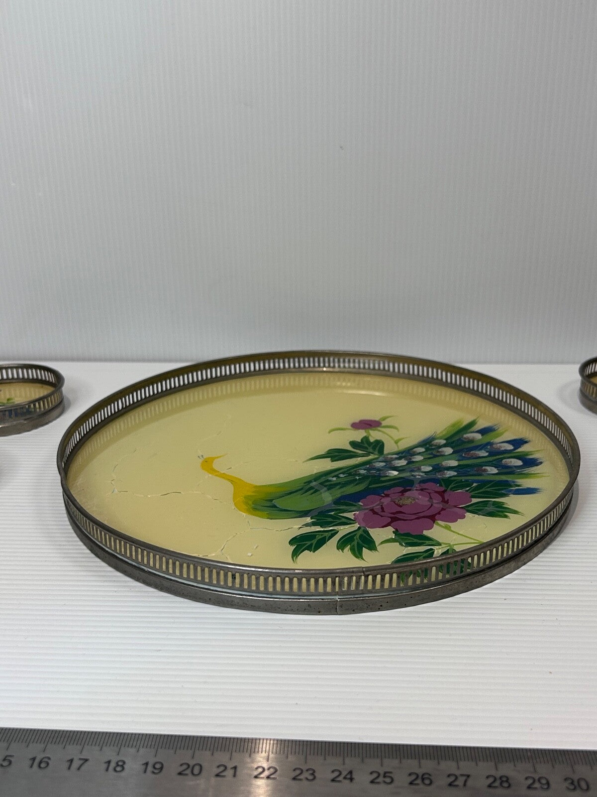 Vintage 1950s Hand-Painted Peacock Tray & 6 Coasters – Made in Japan