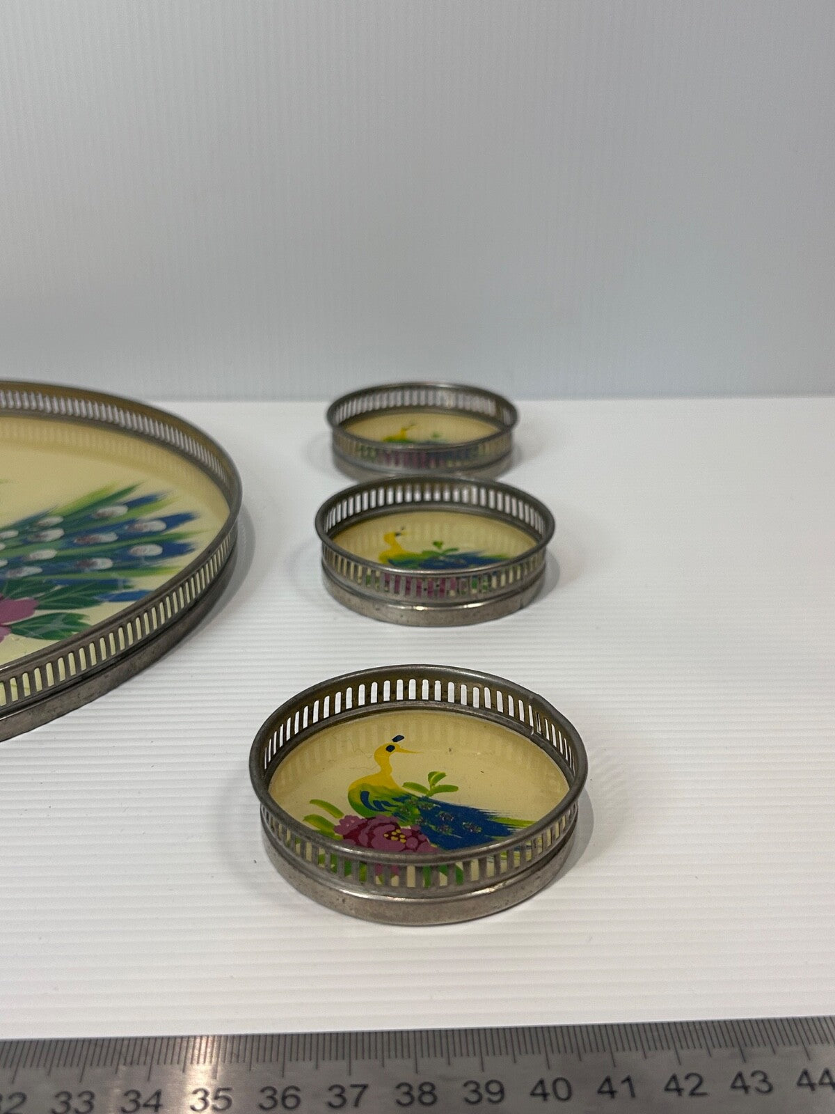 Vintage 1950s Hand-Painted Peacock Tray & 6 Coasters – Made in Japan