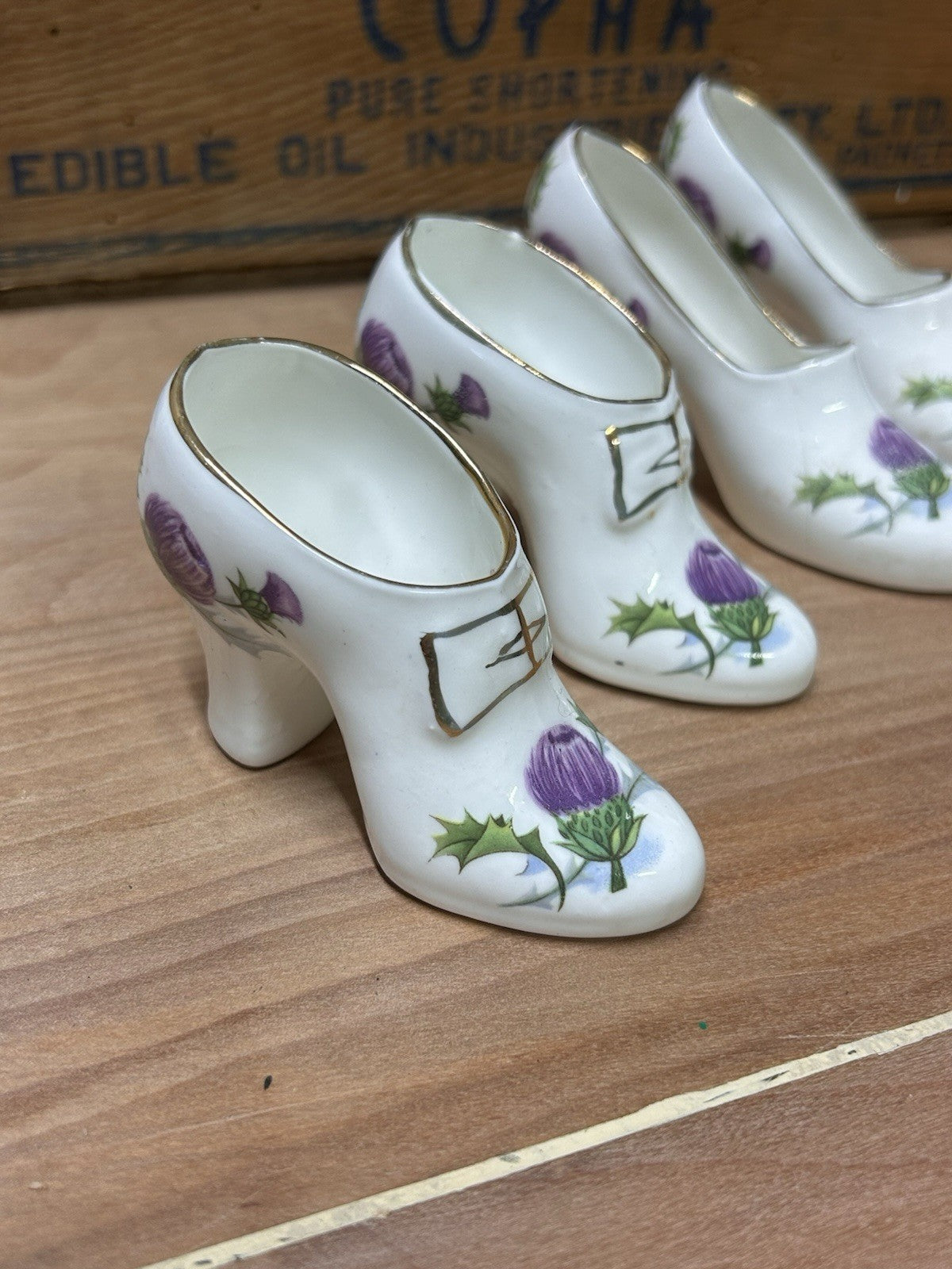 Set of 4 English Bone China Shoe Vases – Thistle Design, Vintage Collectible