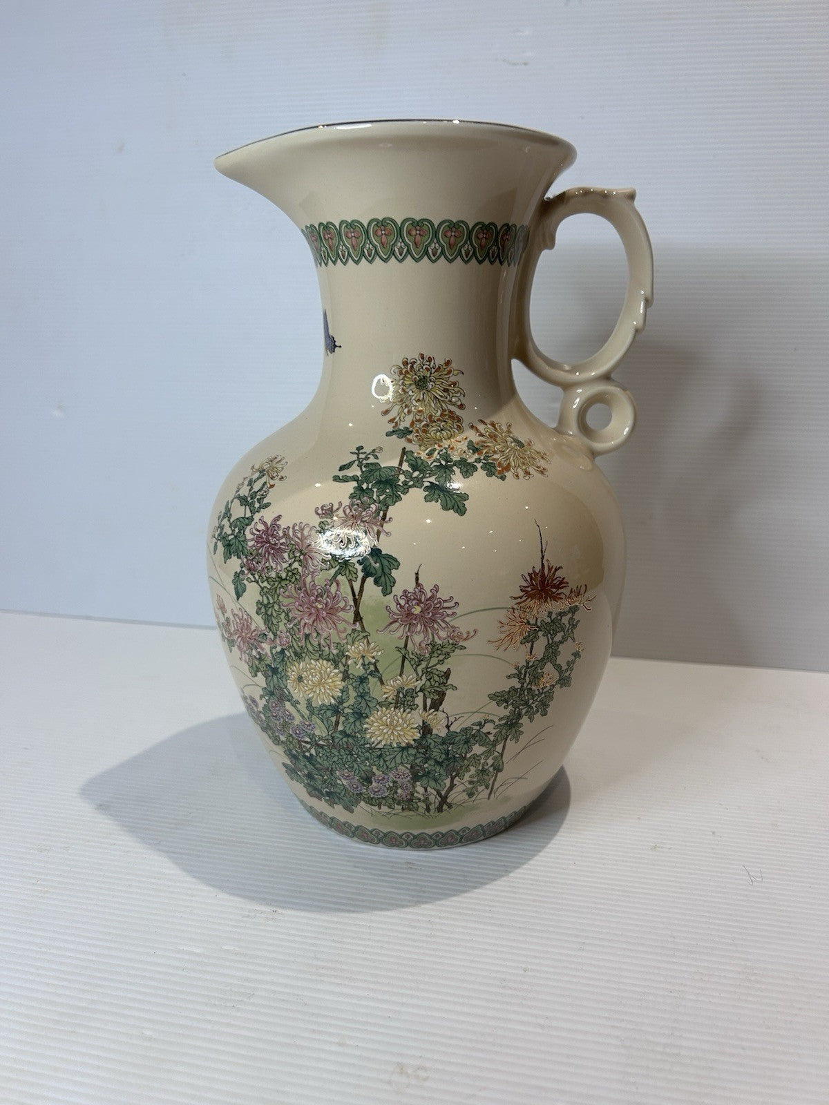 Vintage Shibata Japan Ceramic Jug – Chrysanthemum & Bird Motif – 26cm