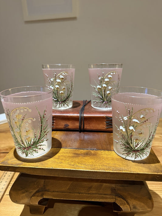 Antique Bohemian Victorian Enamel Glass Tumblers Set 4 Lily of Valley Frosted
