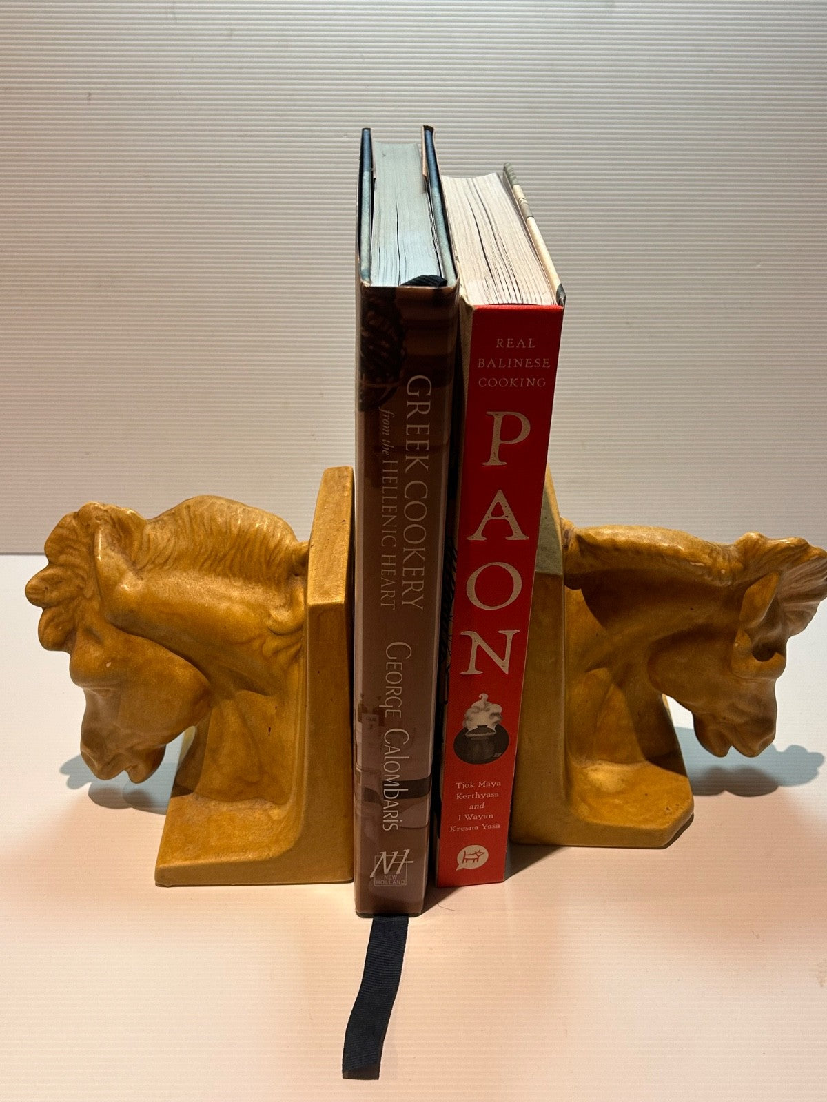 Vintage Horse Head Ceramic Bookends Signed Rosemarie 1987 Tan Glaze 15cm