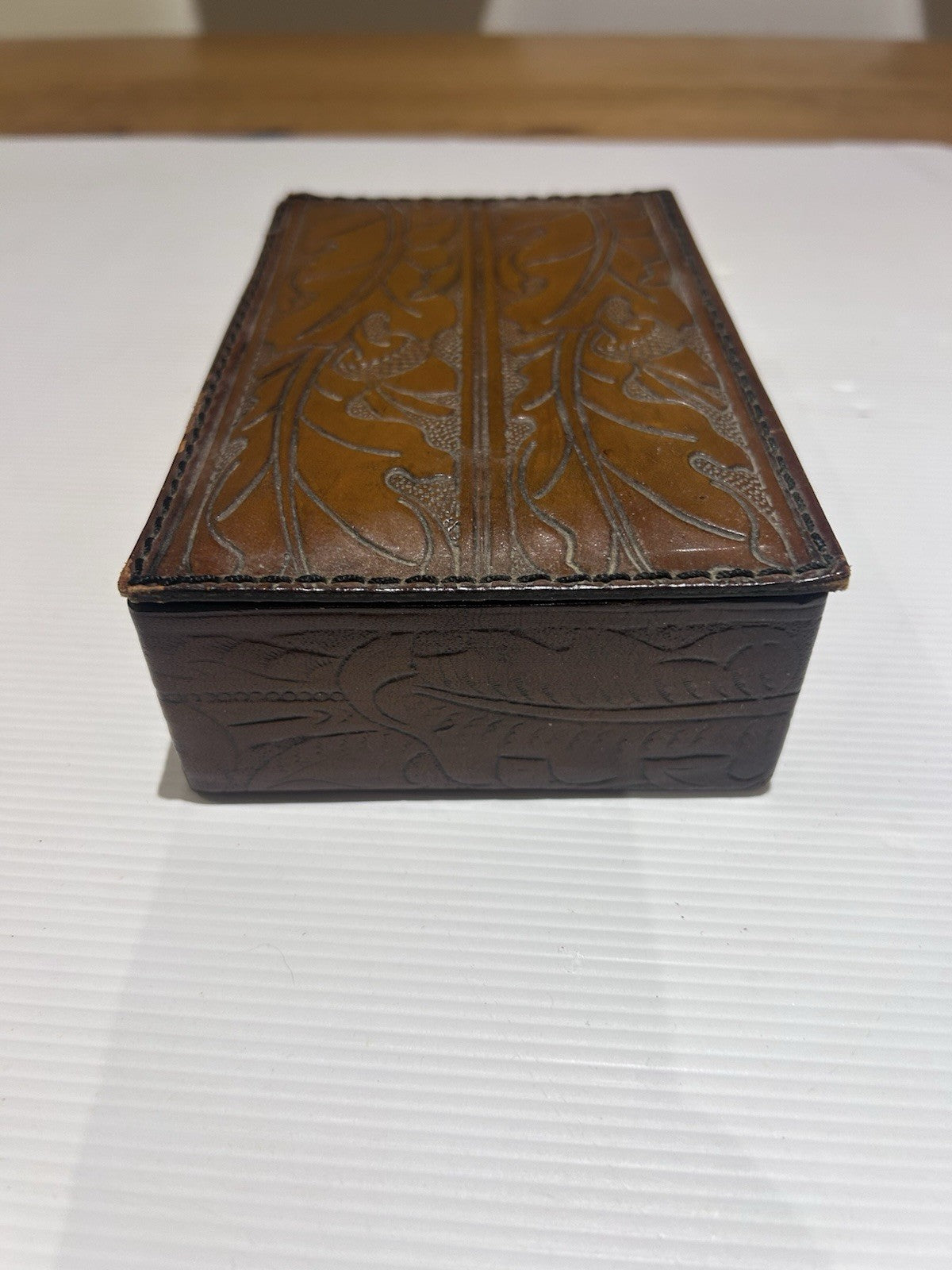 Vintage Handcrafted Leather Box by Konev NZ – Tooled Design, Lined Interior