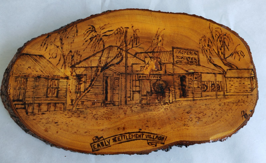 Early Settlement Village Pyrography on Live-Edge Timber Slab - Wall Plaque