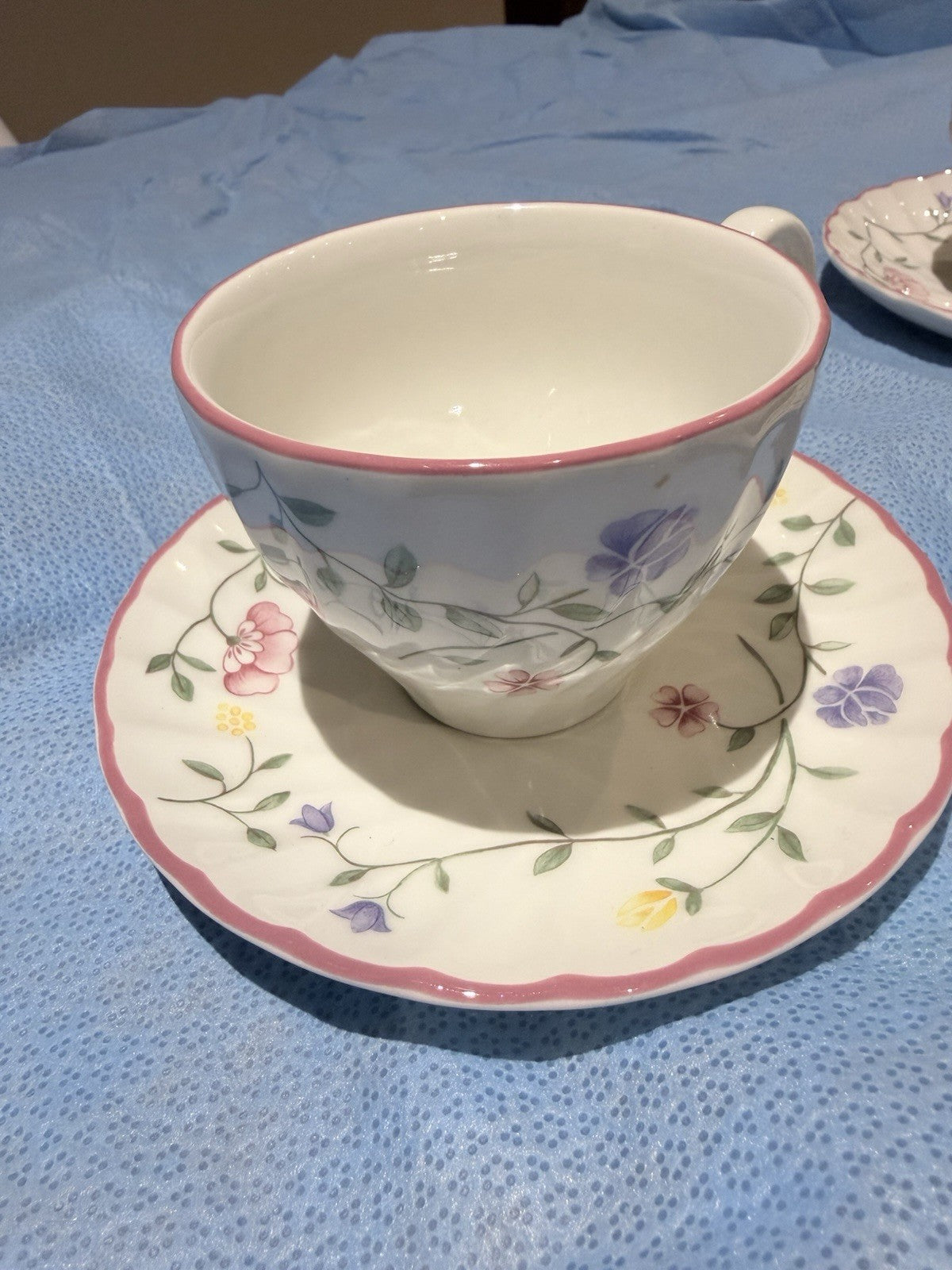Johnson Brothers Tea Cups Saucers Set 5 Floral Pink Trim England Vintage