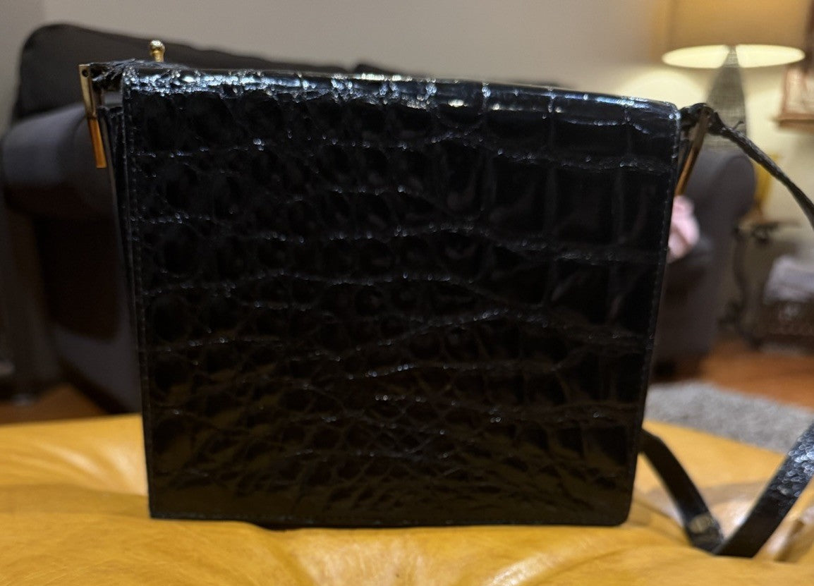 Vintage Lancel Black Leather Crocodile Effect Shoulder Bag Gold Hardware