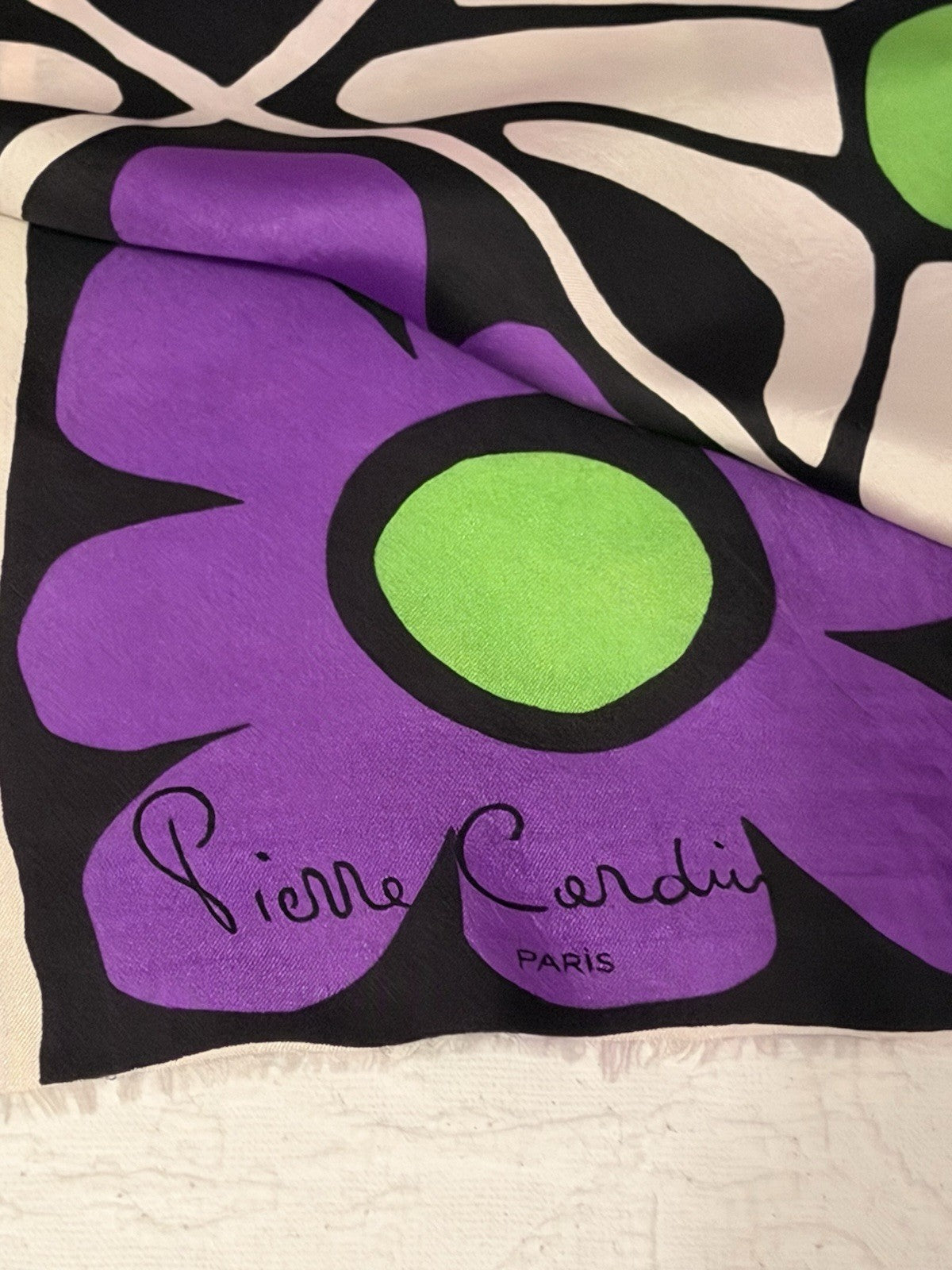 Vintage Pierre Cardin Paris Long Silk Scarf 1970s Mod Floral Purple Green Retro