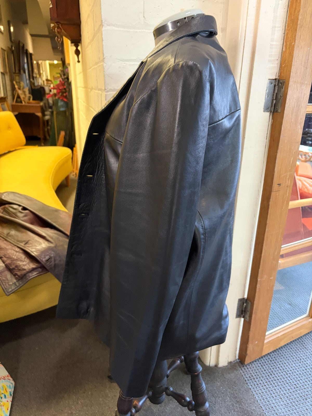 PROUDS Genuine Lambskin Leather Black Long Coat Jacket 2XL Button Front